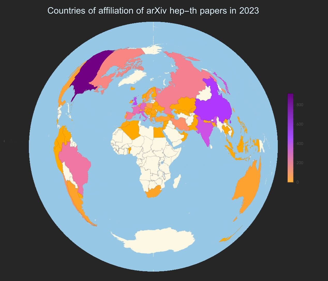 World map of hep-th papers by country
